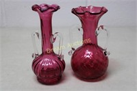 2 Cranberry Vases 8H, small chip on one