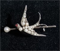 SILVER AND SEED PEARL SPARROW BROOCH
