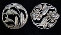 PAIR OF STERLING SILVER FLORAL BROOCHES