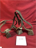 3 metal bells on leather straps w/buckles