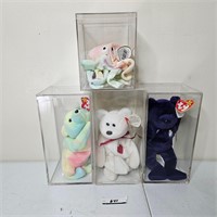(4) TY Beanie Baby Animals W/ Display Cases
