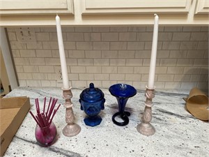 Marble Candle Holders, cobalt vase and candy jar
