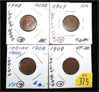 x4- Indian Head cents: 1903, 1907, 1908, 1909 -x4