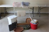 drying rack, rugs, towels, cleaning buckets,