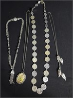 4 Silver Necklaces with Pendants Costume Jewelry