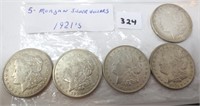 5 - 1921 Morgan silver dollars