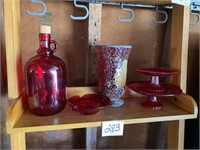 RED GLASS JUG, 2 TIERED PLATE, ASHTRAY - VASE