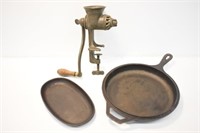 MEAT GRINDER MODEL #6 & 2 CAST IRON PANS