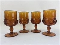 (4) Indiana Glass Kings Crown Amber Goblets
