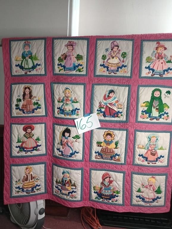 VTG HAND PAINTED "DOLLS OF THE WORLD" QUILT