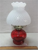 PRETTY RED BASE OIL LAMP WITH MILKGLASS SHADE
