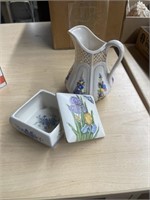 Hand Painted Pitcher and Box with Lid