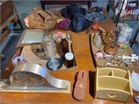 Mantle Clock, Bottles, Pans, Hats etc