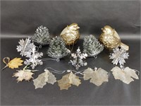 Ornaments Gold Hue Birds, Leaves, Pinecones