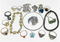 Lot of Sterling Silver Rhinestone Jewelry & Rings.