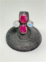 Large Signed Sterling Raw Ruby/Moonstone Ring 10 G