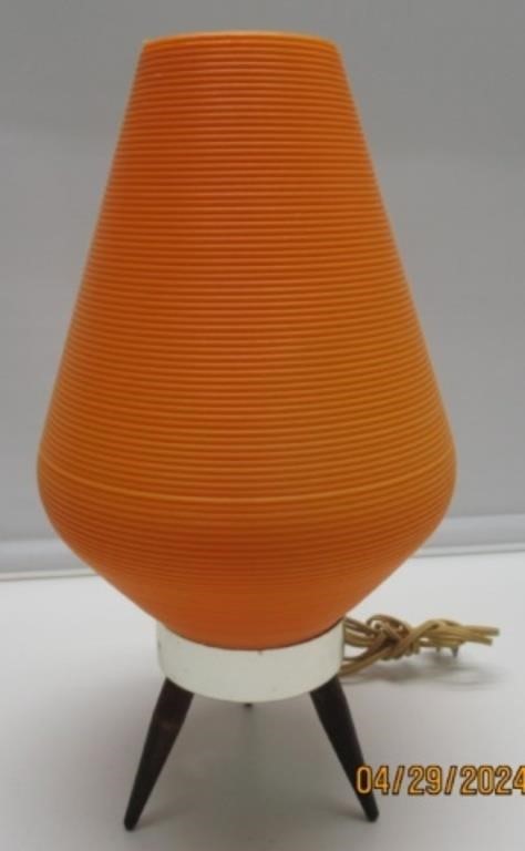 14" PLASTIC MCM ORANGE BEEHIVE TRIPOD LAMP WORKS
