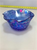 Art glass dish ruffled edge. 4x8 blue iridescent.