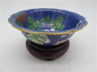 CLOISONNE BOWL ON WOODEN STAND ALL CLEAN