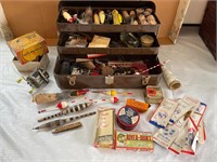 Antique tackle box w/ antique lures, fishing items