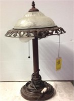 IRON LAMP WITH FROSTED SHADE