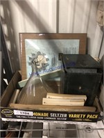 MISC BOX--GLASS FUNNEL, PHARMACIST PICTURE,