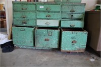 LARGE ANTIQUE GREEN CABINET W/DRAWERS & CONTENTS