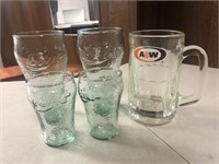 Coca-Cola glasses and A&W mug