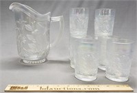 White Carnival Glass Pitcher & Cups Drinking Set
