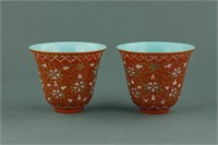 Imperial Red Gilt Porcelain Cups Qianlong Mark
