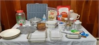 Kitchen supplies,  including Pyrex casserole