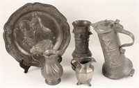 ORNATE PEWTER CARL THEODOR PLATE, PITCHERS, & MORE