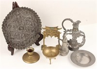 SEVEN PIECE PEWTER AND BRASS LOT