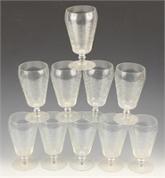 10 CLEAR GLASS GOBLETS WITH CUT VINES AND FLOWERS