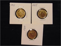 1905, 1910, 1911 Gold Plated V Nickels