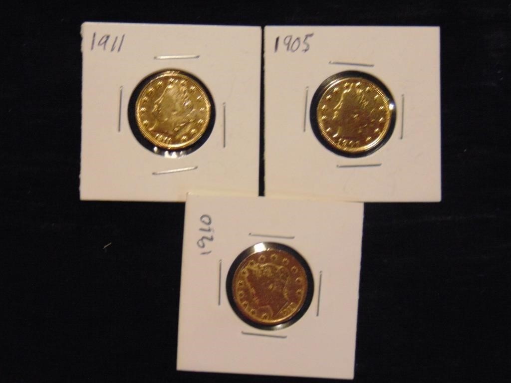 1905, 1910, 1911 Gold Plated V Nickels