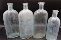 4 Antique Aqua Bottles, "Lydia E. Pinkham"
