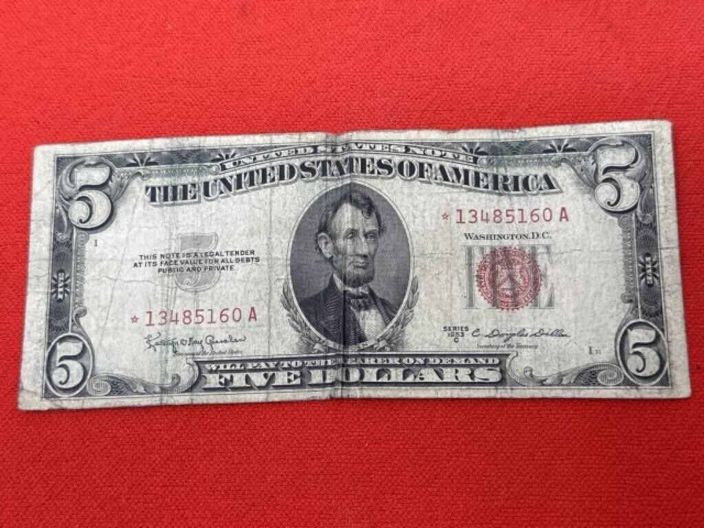 1953-C Five Dollars Red Seal Star Note 13485160A