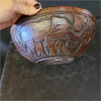 Hand Carved Wooden Bowl- Elephants & Rhinos