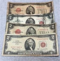 4 $2 Bills 1928, 1953 & 63, All Worn!