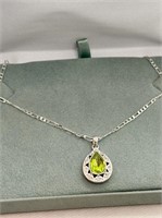 Stamped Sterling Chain w/ Lg Green Stone Pendant