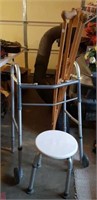 Crutches, Walker with wheels, shower stool