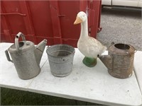 Galvanized sprinkling cans, bucket, plastic goose