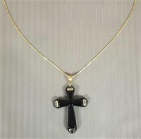 14K gold carved onyx with blue topaz cross pendant