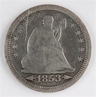 1853 US SEATED LIBERTY SILVER QUARTER COIN