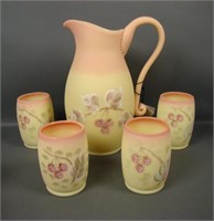 Fenton Burmese Decorated 5 Piece Pitcher Set