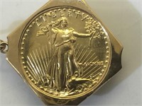 1990 22k gold StGaudins coin pendant w/ 14k gold