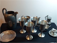 11pc Pewter Set Assorted Makes Goblets Pitchers