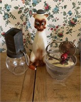 Porcelain cat ironing sprinkler, vintage glass