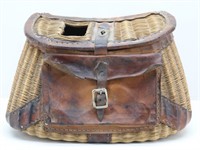Antique Fishing Creel w/ Leather Bindings & Pocket